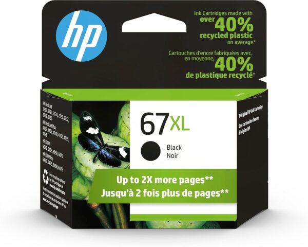 HP 67XL Black High-yield Ink Cartridge | Works with HP DeskJet 1255, 2700, 4100 Series, HP ENVY 6000, 6400 Series | Eligible for Instant Ink | 3YM57AN