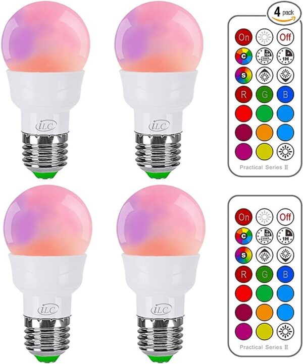 RGB LED Light Bulb, Mood Color Changing 40W Equivalent,5700K Daylight White, 450LM Dimmable 5W E26 Screw Base RGBW - 12 Color Choices - Timing Infrared Remote Control Included (4 Pack)