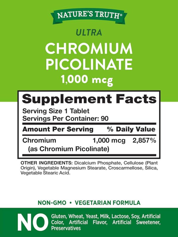 Ultra Chromium Picolinate 1000mcg | 90 Tablets | Vegetarian, Non-GMO & Gluten Free Supplement | by Nature's Truth $8.99 Save more with Subscribe & Save - Imagen 3