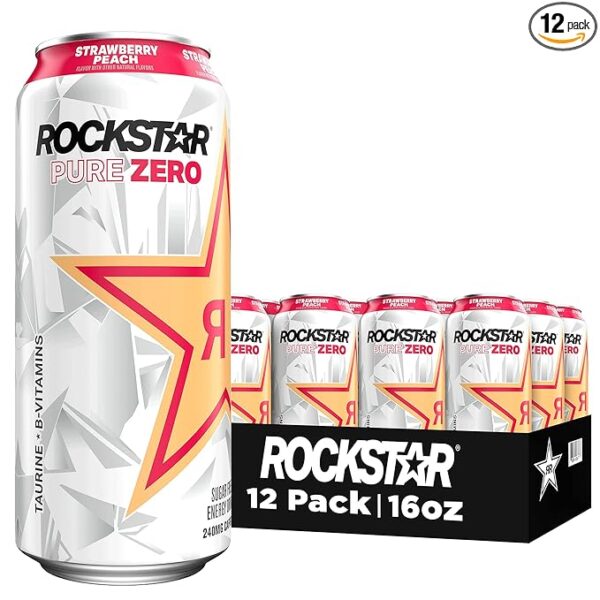 Rockstar Pure Zero Energy Drink, Strawberry Peach, 0 Sugar, with Caffeine and Taurine, 16oz Cans (12 Pack)