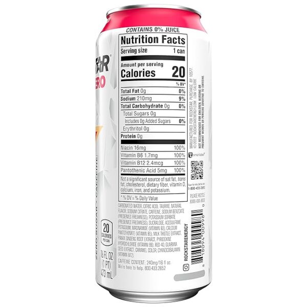 Rockstar Pure Zero Energy Drink, Strawberry Peach, 0 Sugar, with Caffeine and Taurine, 16oz Cans (12 Pack) - Imagen 2